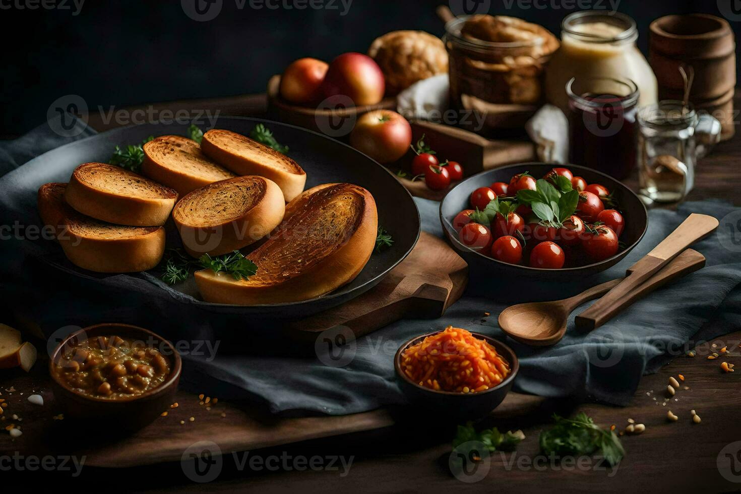 une table avec pain, tomates, et autre ingrédients. généré par ai photo