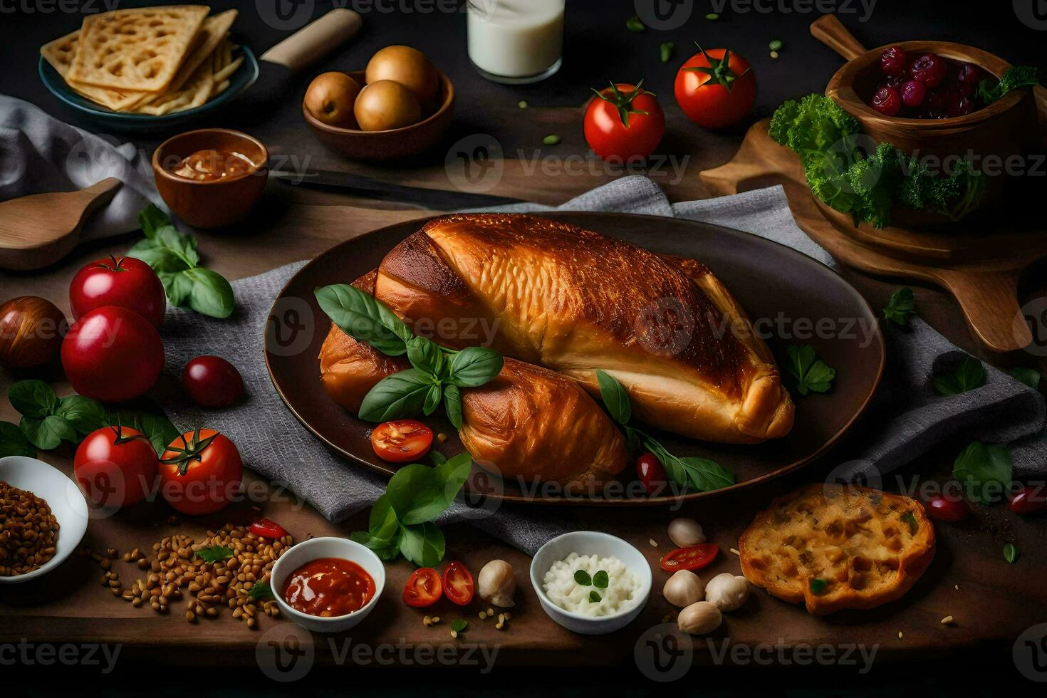 le nourriture est sur une en bois table avec une en bois Contexte. généré par ai photo