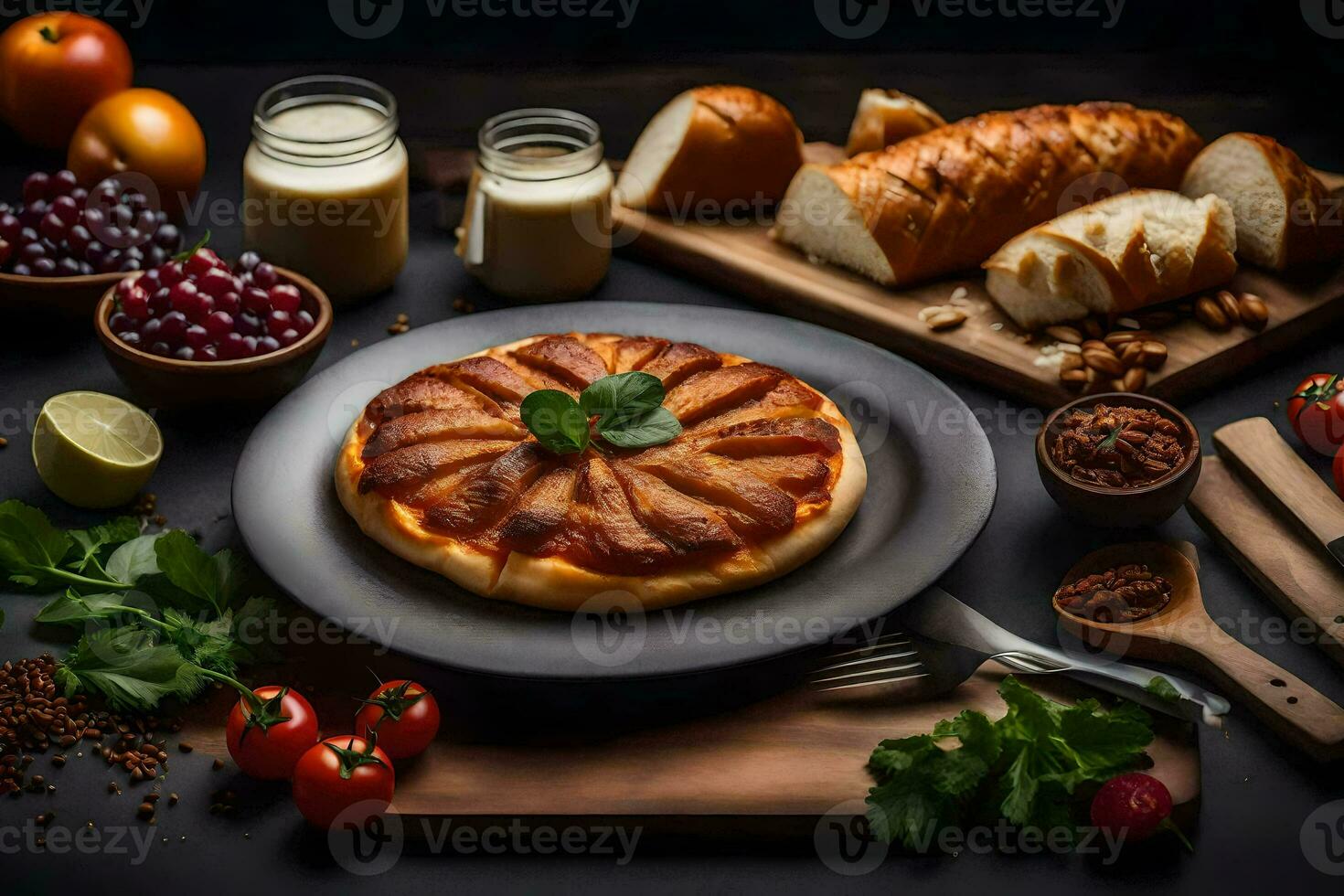 Pizza avec Viande, des légumes et pain sur une noir tableau. généré par ai photo