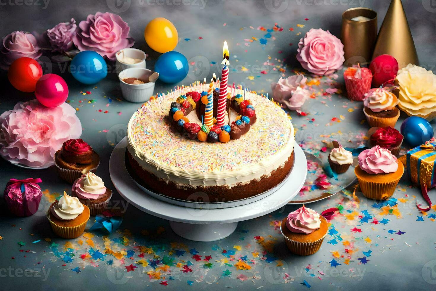 une anniversaire gâteau avec bougies et confettis. généré par ai photo