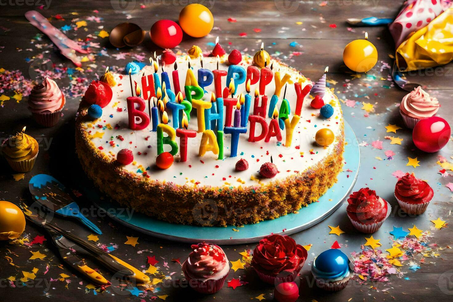 une anniversaire gâteau avec bougies et coloré confettis. généré par ai photo