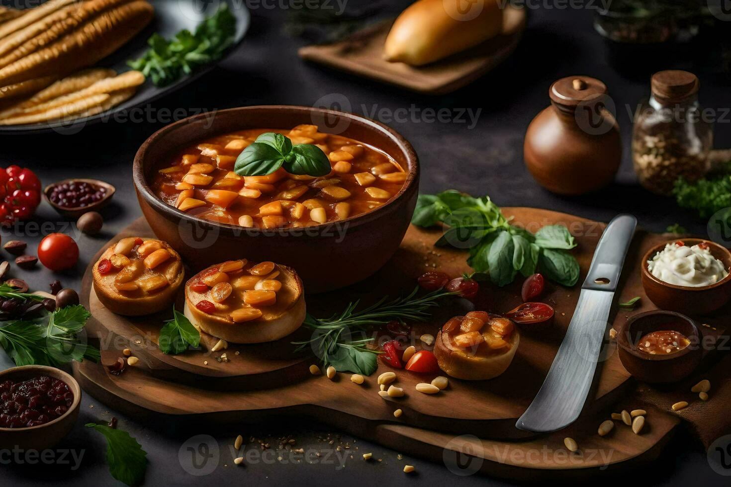 le nourriture est servi sur une en bois table avec pain, tomates, basilic, et autre ingrédients. généré par ai photo