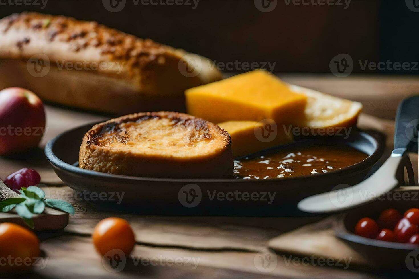 une assiette de nourriture avec pain, fromage et tomates. généré par ai photo