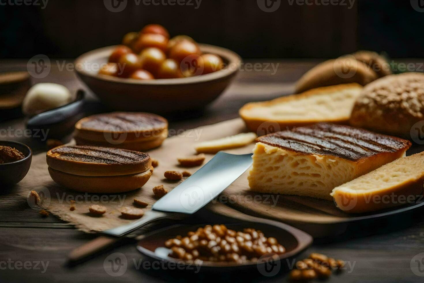 une en bois table avec pain, fromage et autre aliments. généré par ai photo