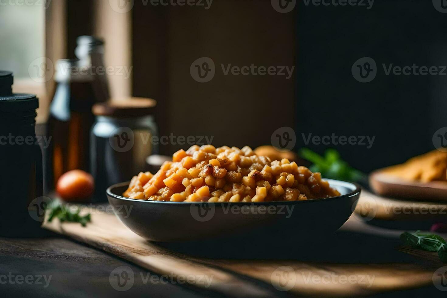 une bol de des haricots et épices sur une en bois tableau. généré par ai photo