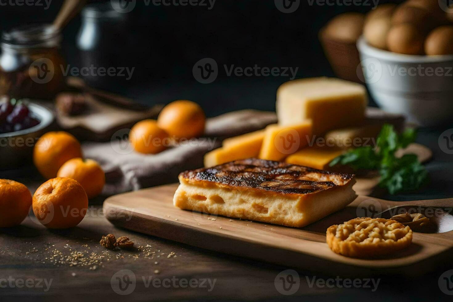 fromage et pain sur une en bois Coupe planche. généré par ai photo
