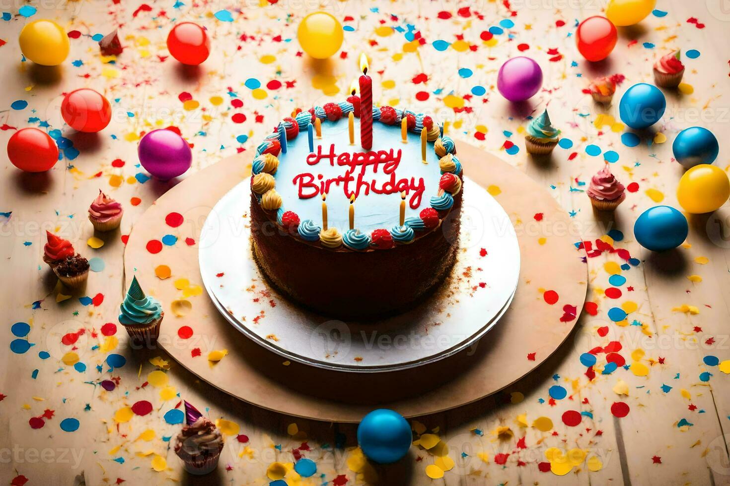 une anniversaire gâteau avec bougies et coloré des ballons sur une en bois tableau. généré par ai photo