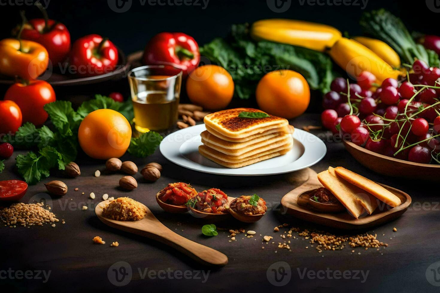 nourriture sur une table avec une assiette de Crêpes. généré par ai photo