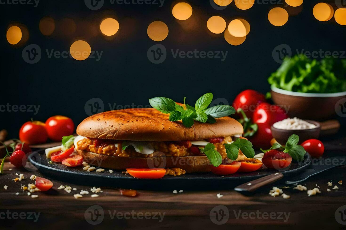 une poulet sandwich avec tomates et herbes sur une noir plaque. généré par ai photo