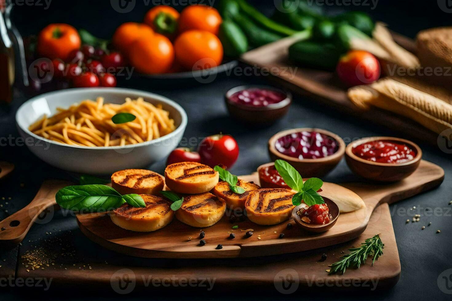 nourriture sur une Coupe planche avec tomates, pain et autre ingrédients. généré par ai photo