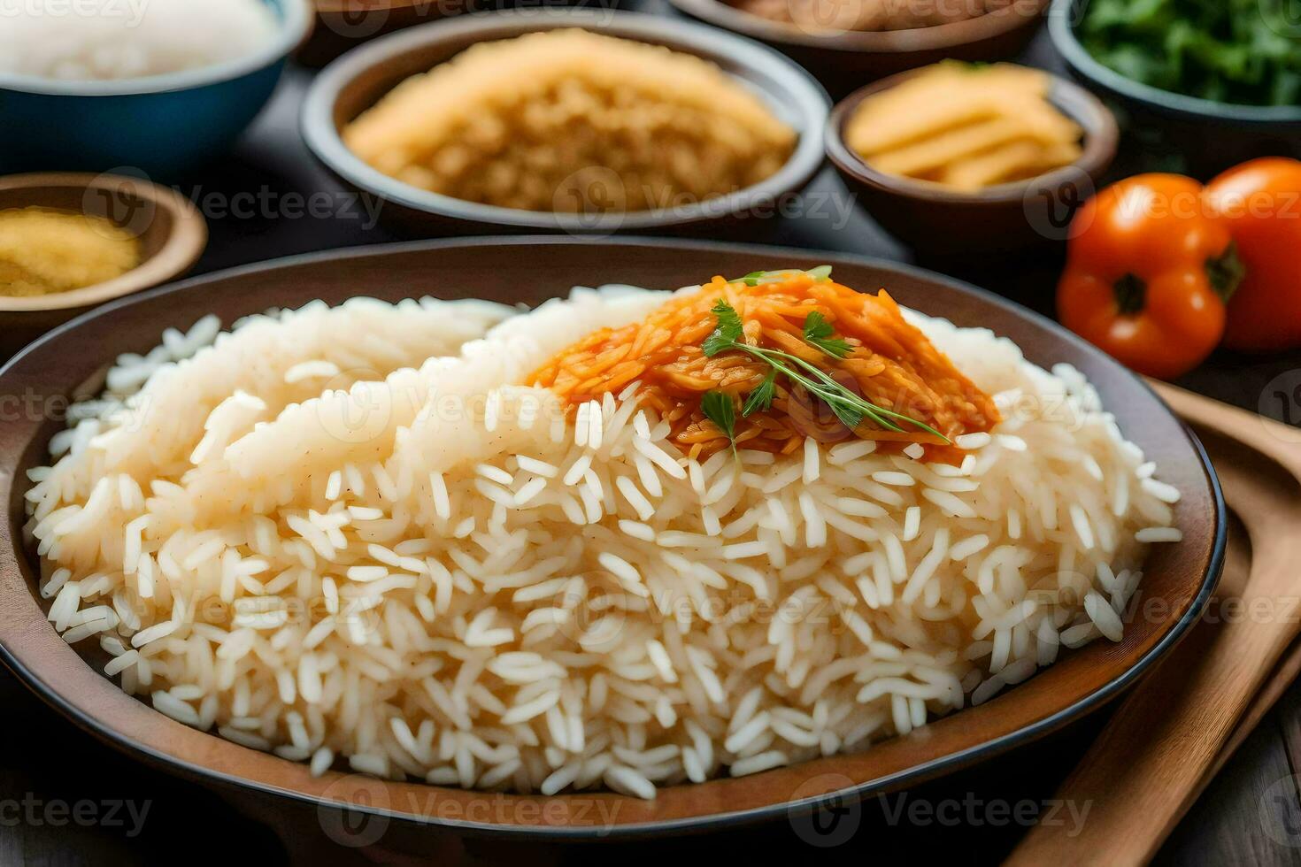 riz avec tomate sauce sur le plaque. généré par ai photo