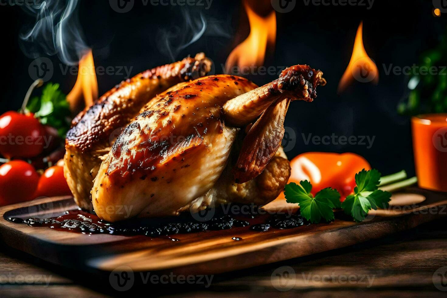 une rôti poulet sur une en bois Coupe planche avec fumée. généré par ai photo