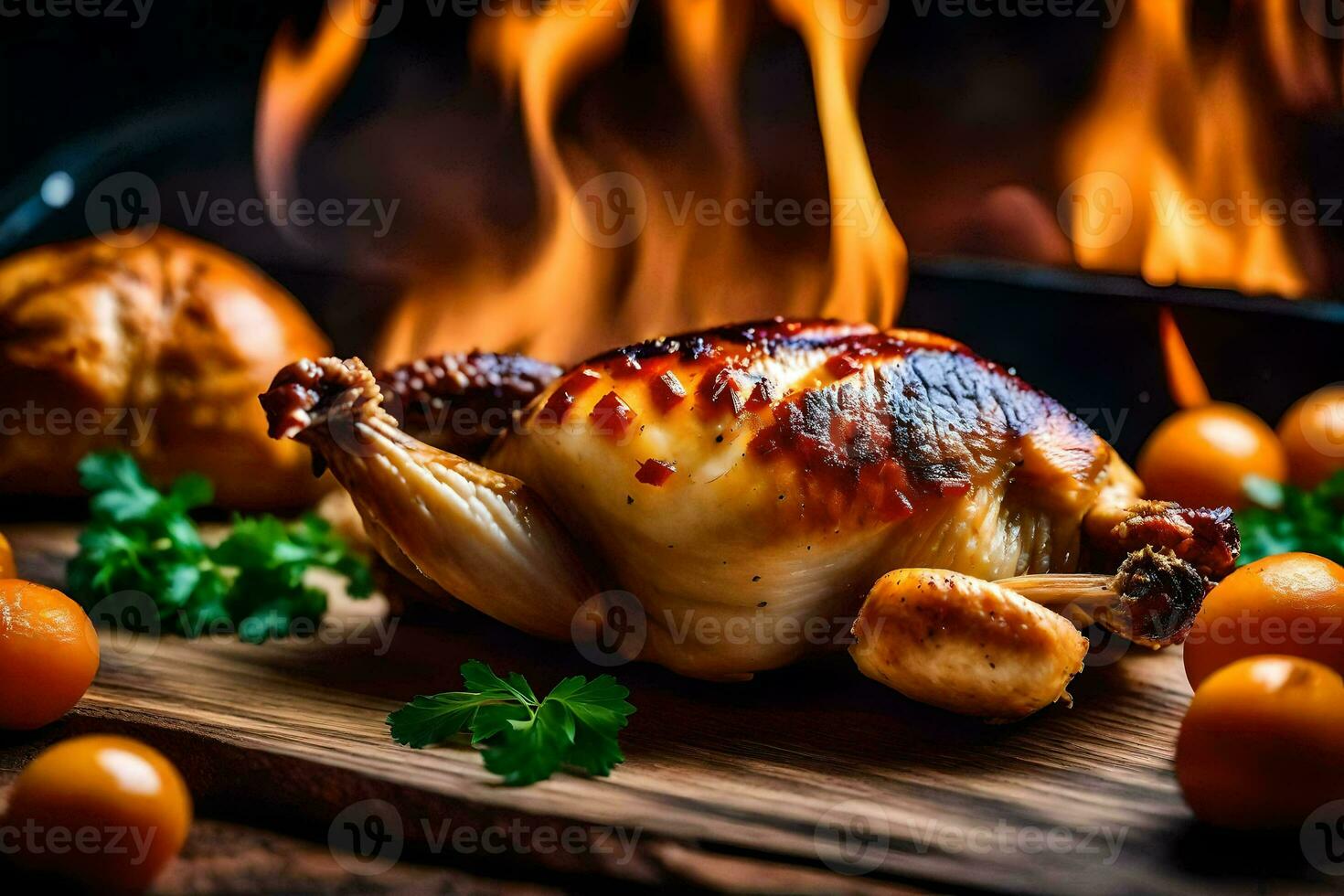 une poulet est séance sur une en bois Coupe planche avec des oranges. généré par ai photo