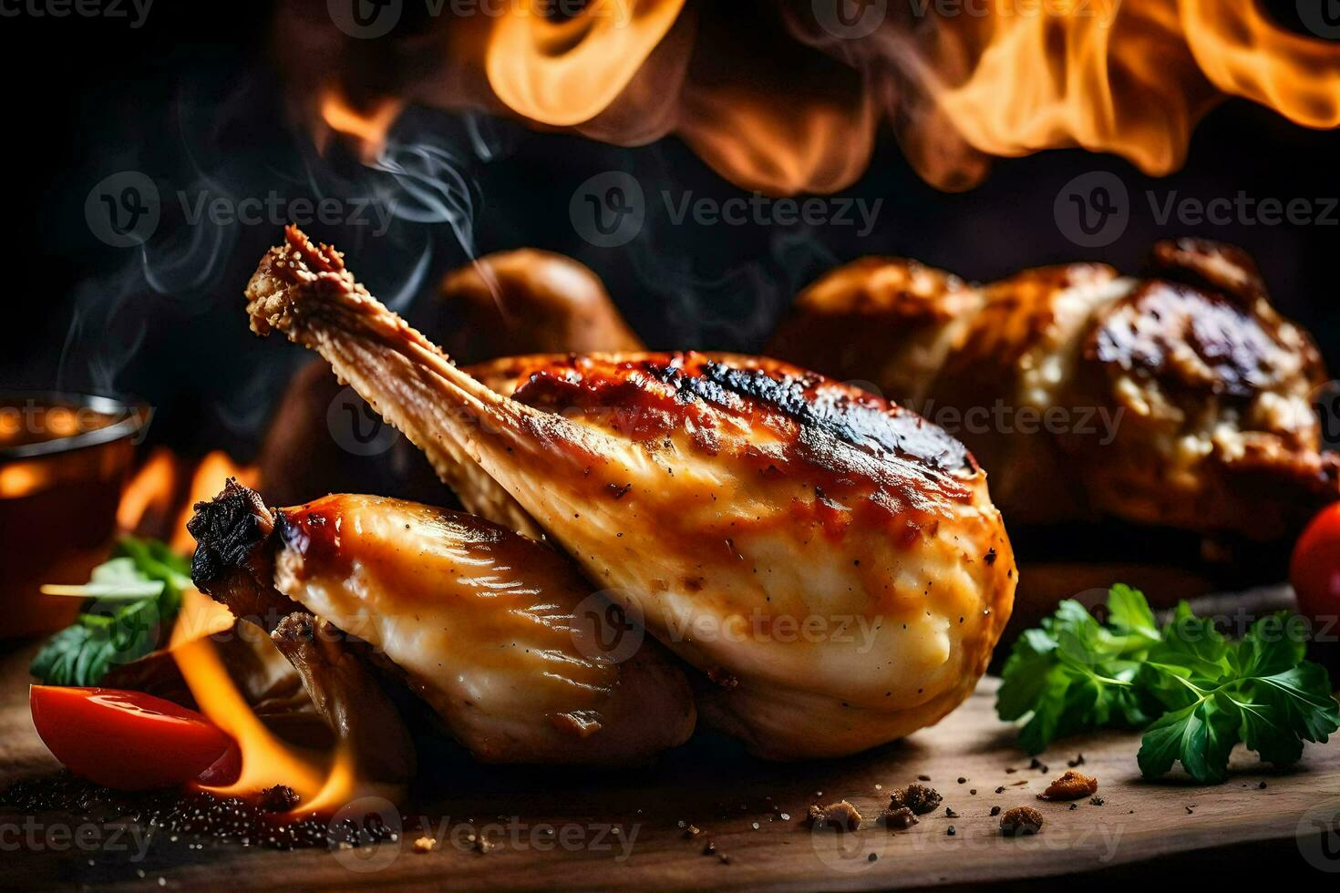 grillé poulet sur une en bois planche avec Feu. généré par ai photo