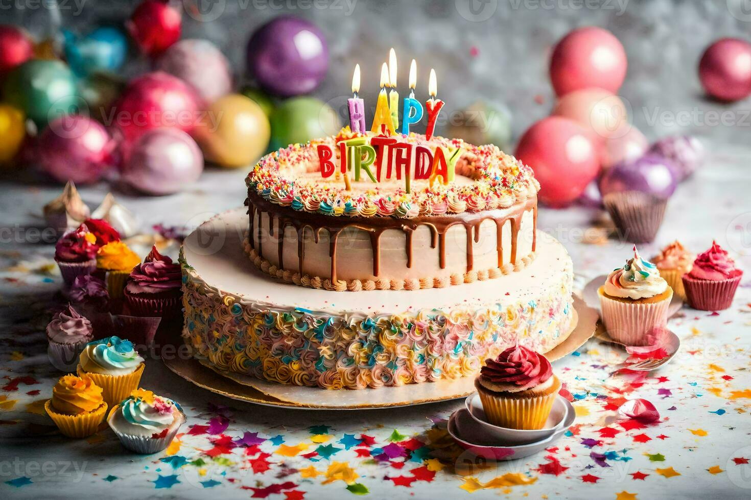 une anniversaire gâteau avec bougies sur Haut. généré par ai photo