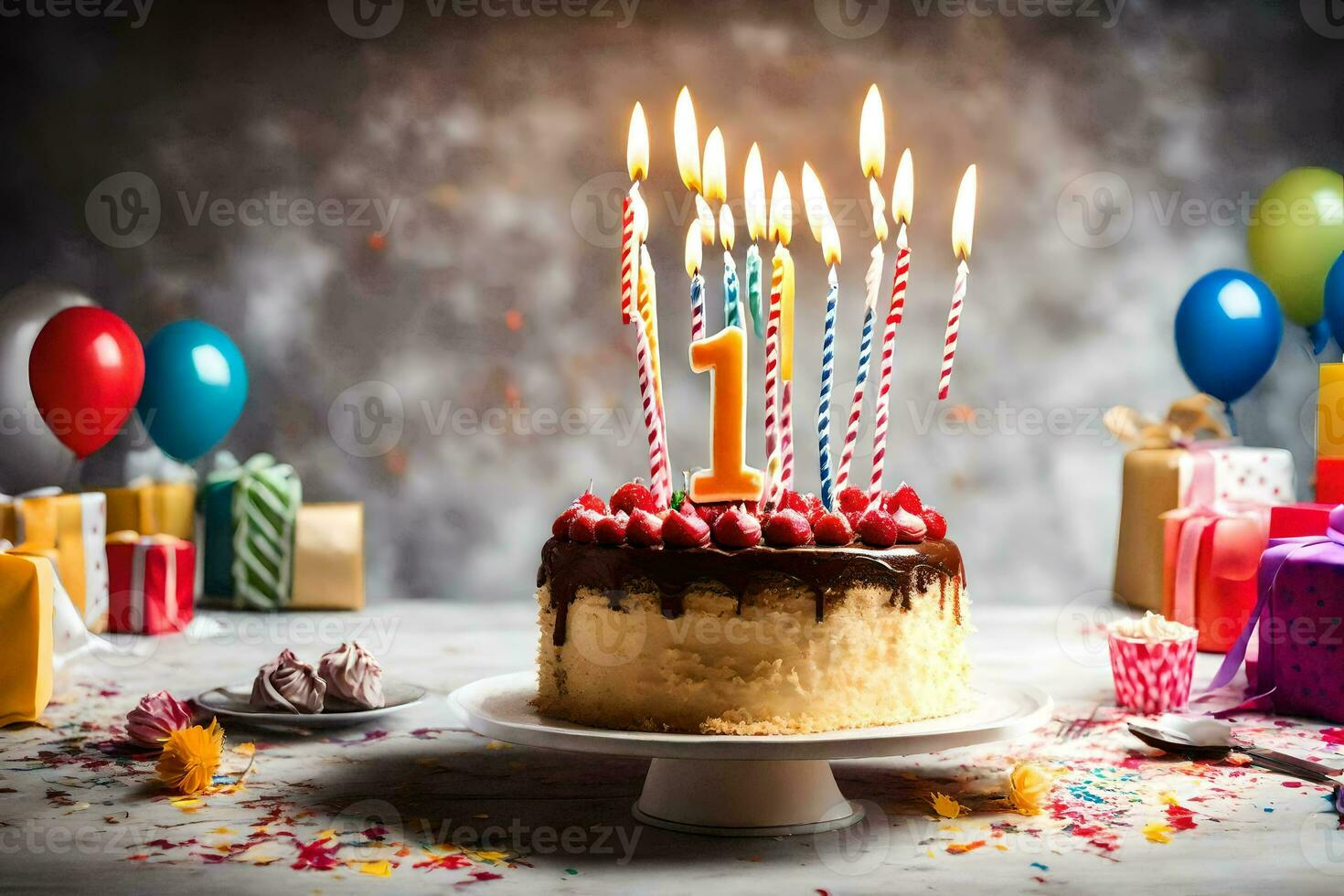 une anniversaire gâteau avec bougies sur il. généré par ai photo