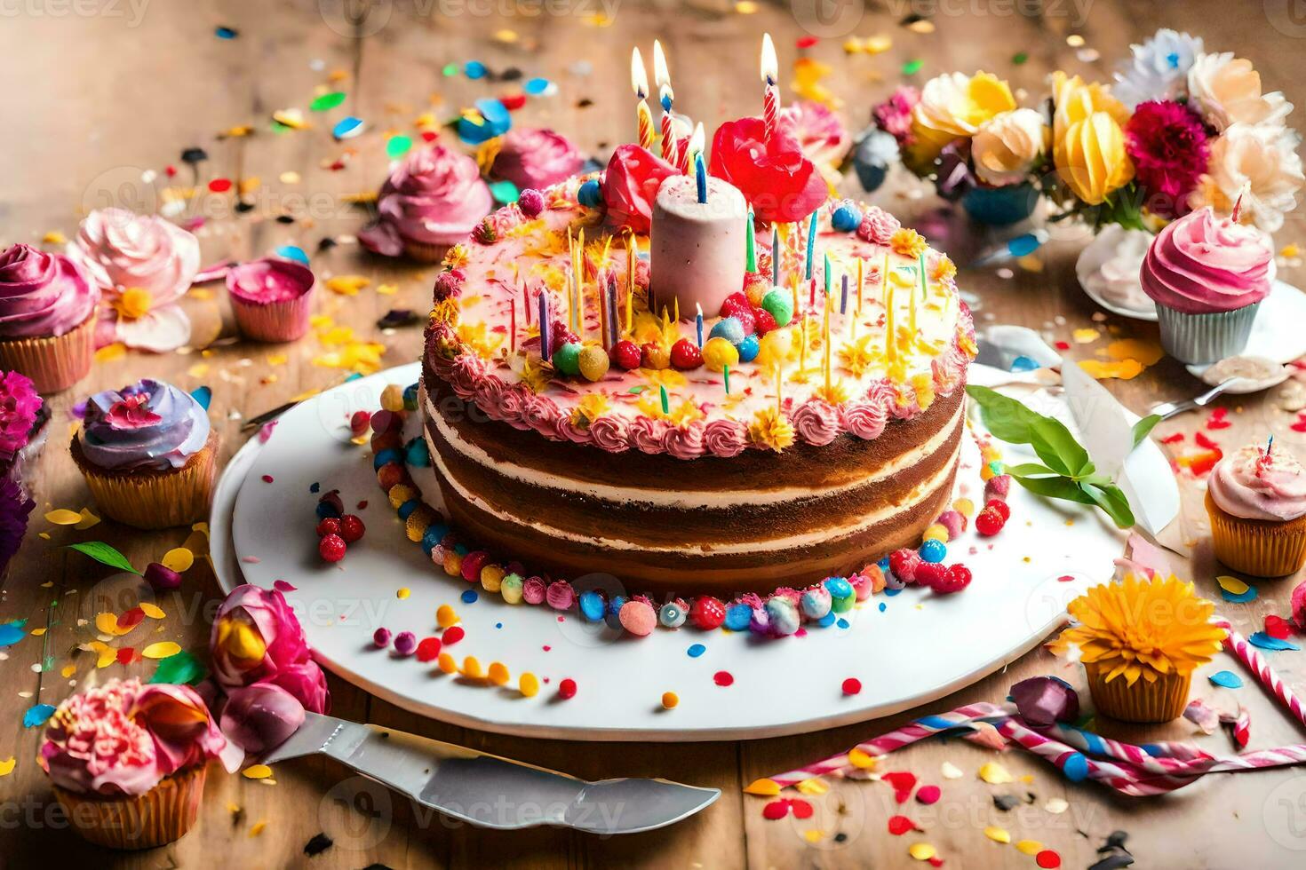 une anniversaire gâteau avec coloré arrose et bougies. généré par ai photo