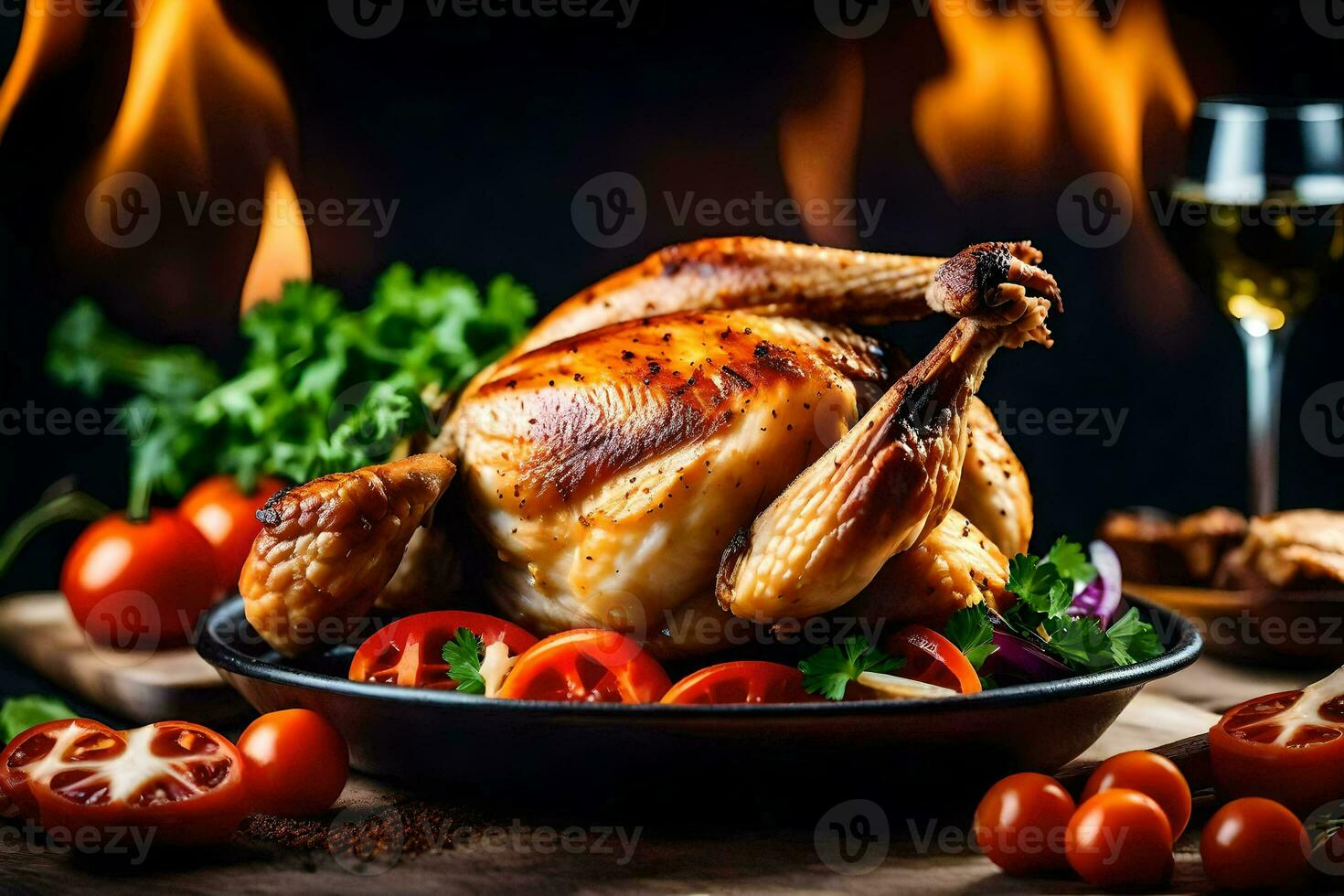 une rôti poulet sur une assiette avec des légumes et tomates. généré par ai photo