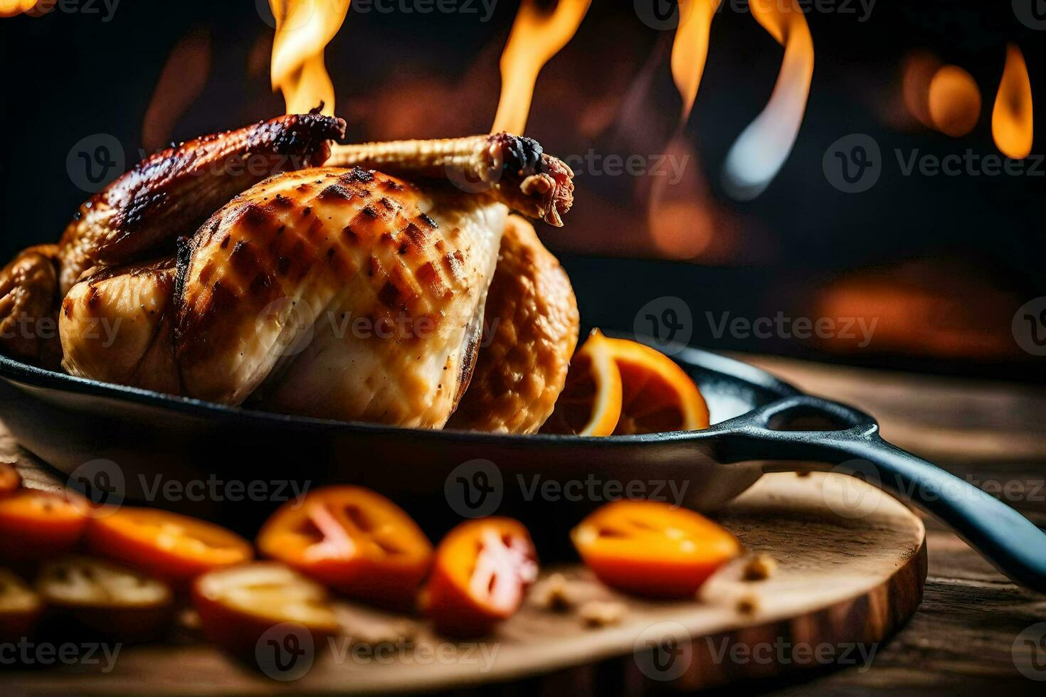 une rôti poulet dans une poêlon avec tomates. généré par ai photo