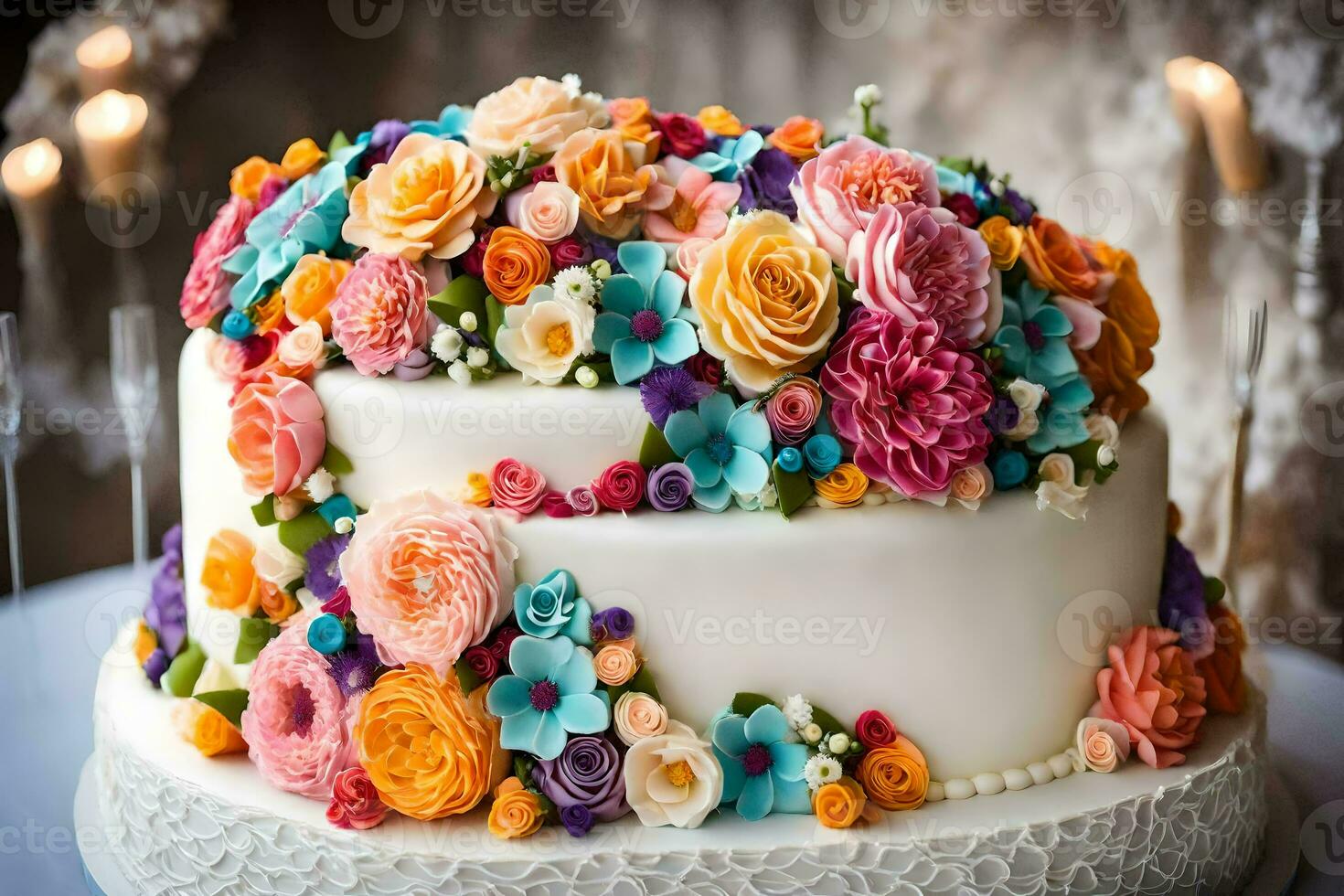 une gâteau décoré avec coloré fleurs. généré par ai photo