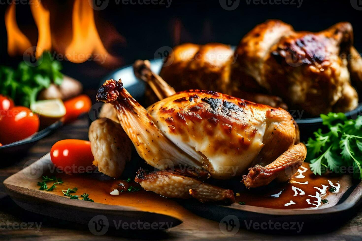 une poulet est sur une en bois planche avec des légumes et une Feu. généré par ai photo