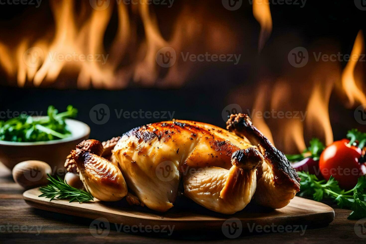 une rôti poulet sur une en bois Coupe planche avec des légumes. généré par ai photo