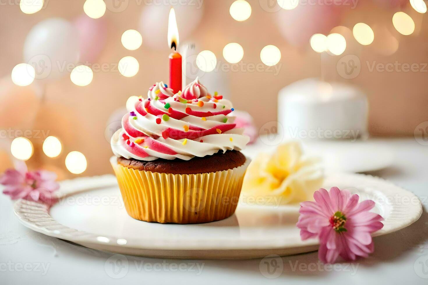 une petit gâteau avec une Célibataire bougie sur une plaque. généré par ai photo