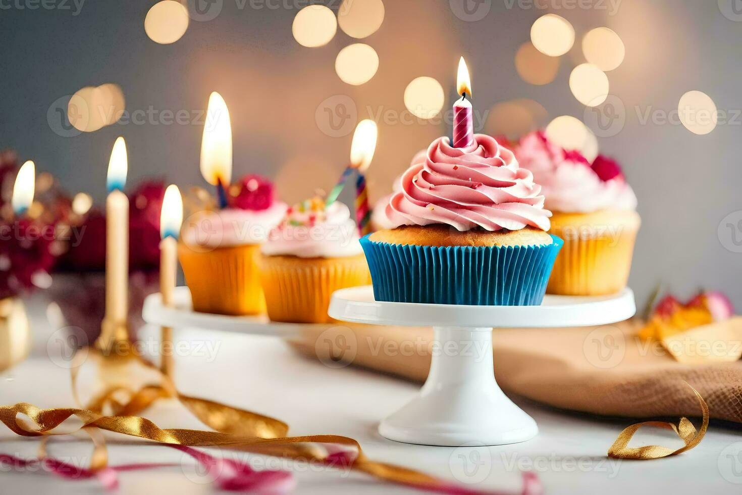 une petit gâteau avec rose Glaçage et bougies sur une blanc gâteau rester. généré par ai photo