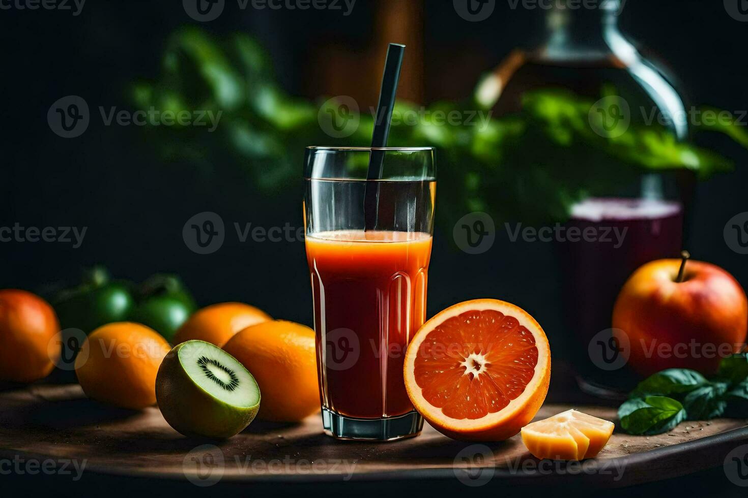 une verre de Orange jus avec une paille et des oranges. généré par ai photo