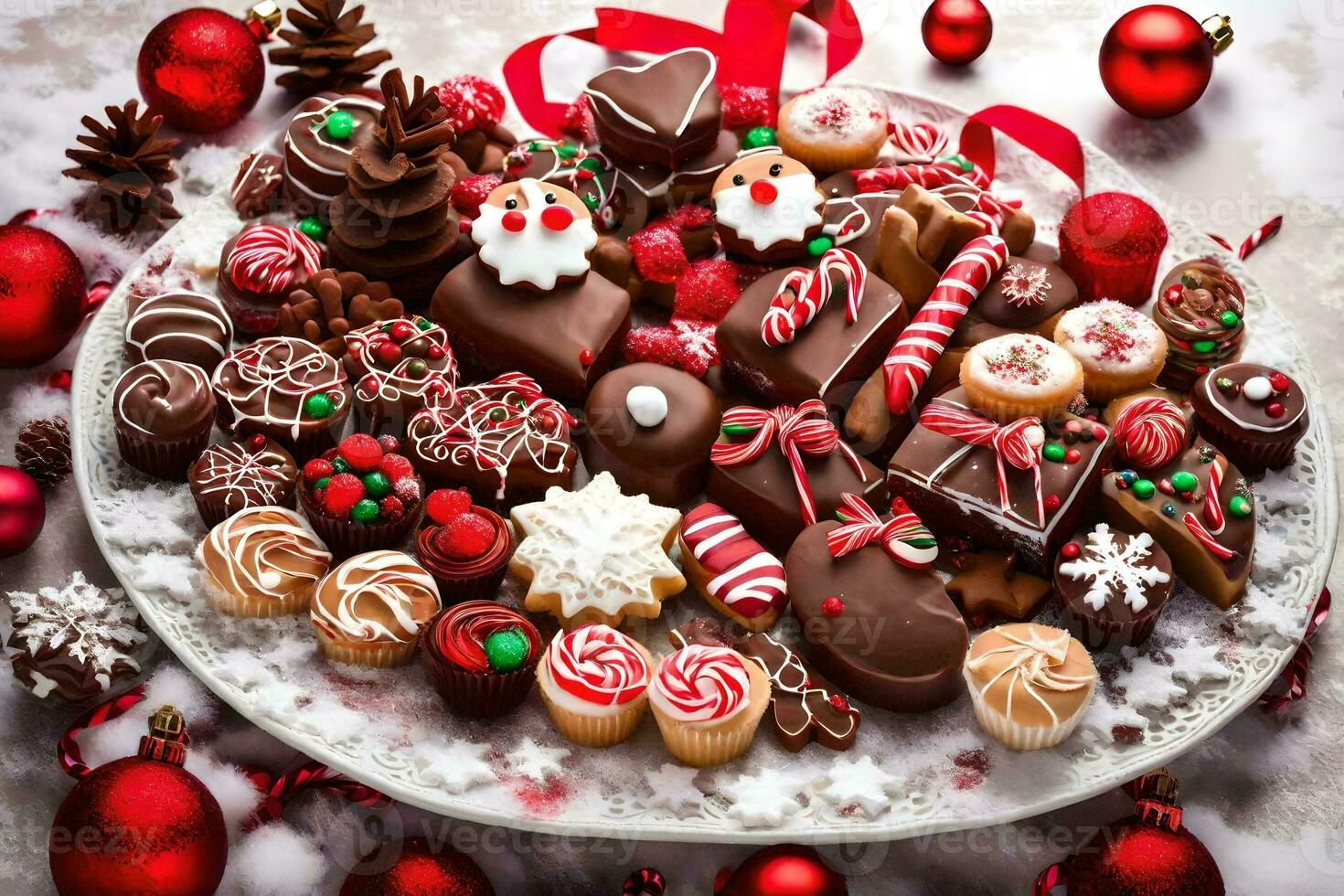 une plat de Noël bonbons et traite. généré par ai photo