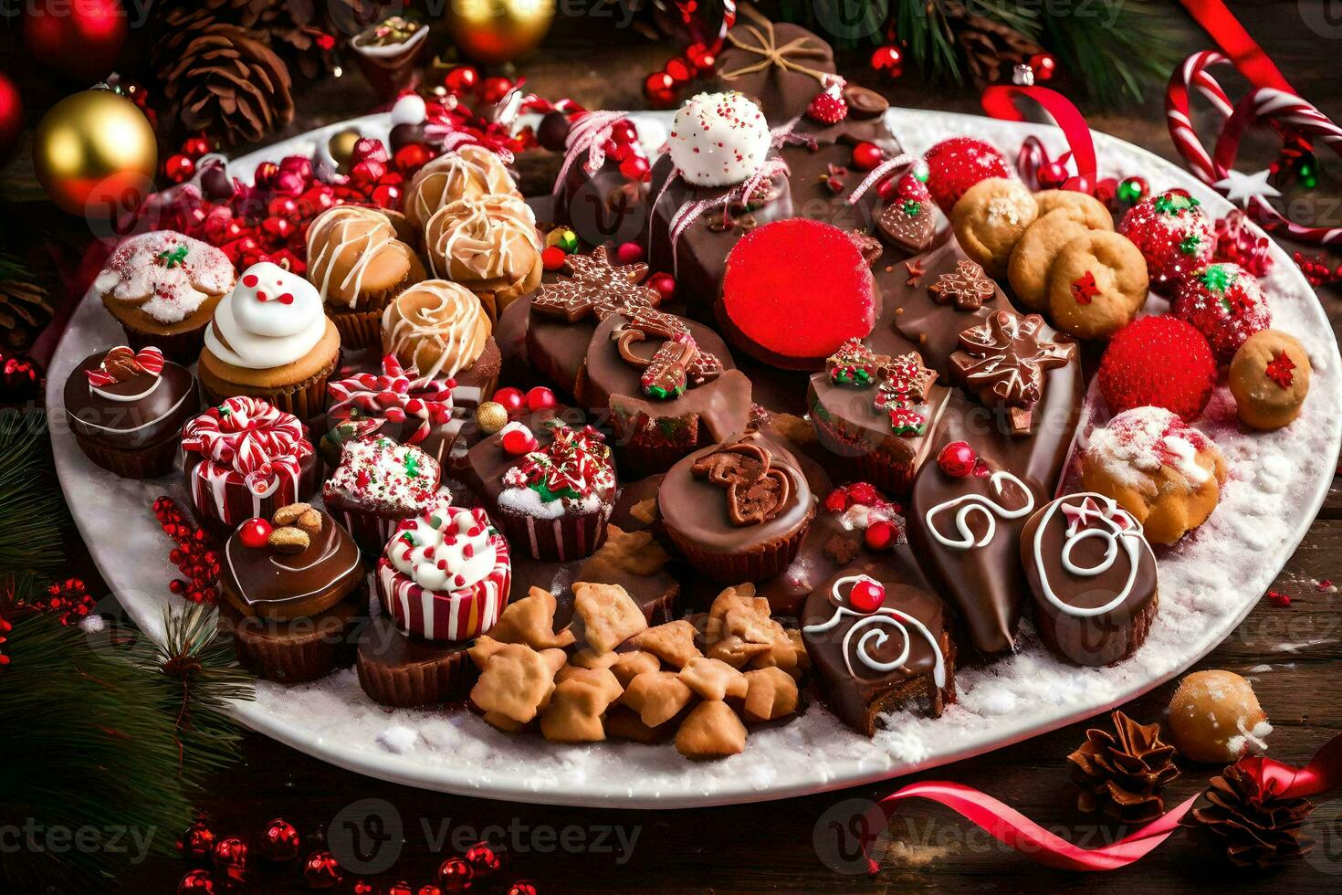 une plat de Noël des chocolats et biscuits. généré par ai photo