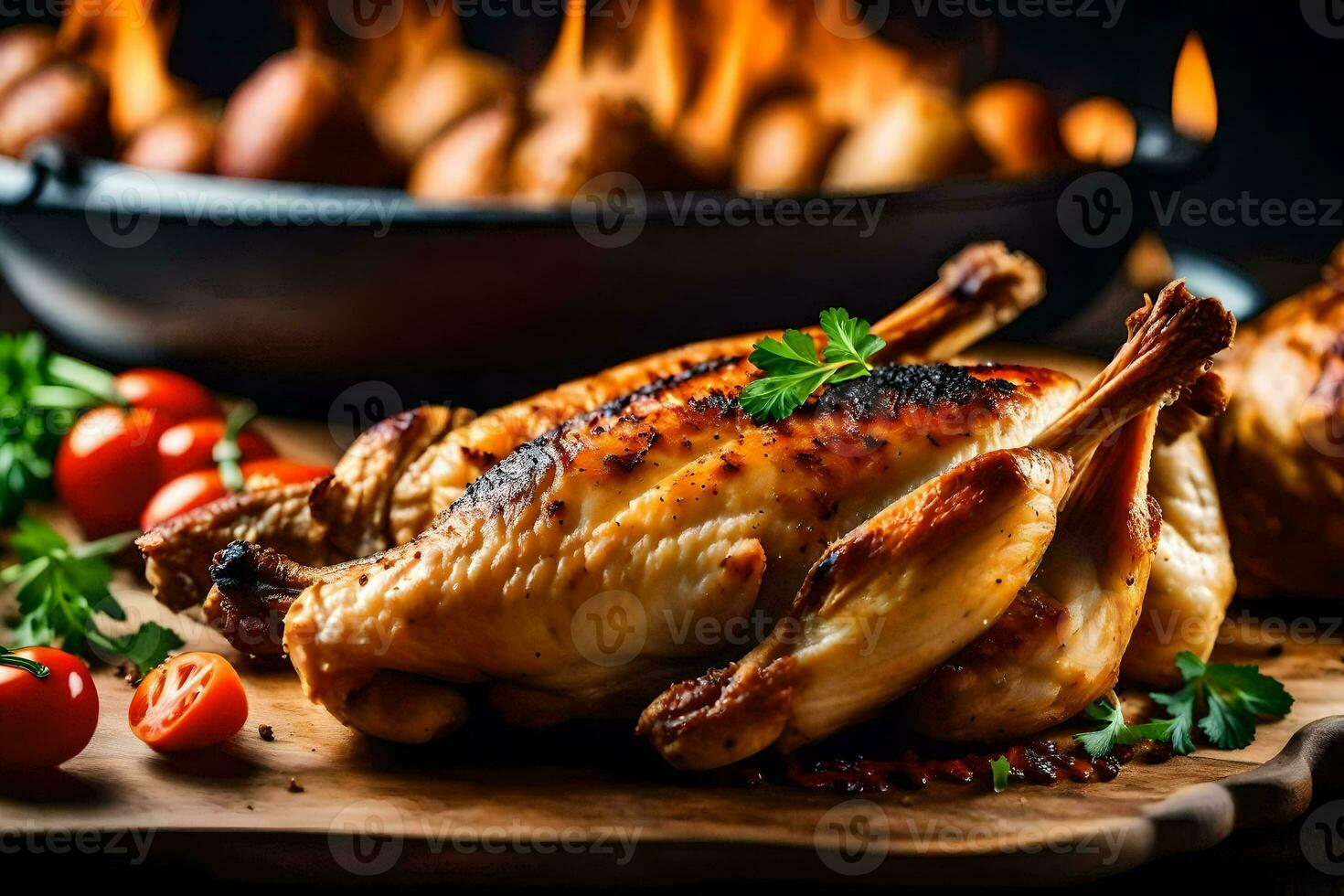poulet sur une en bois planche avec des légumes et une poêle. généré par ai photo