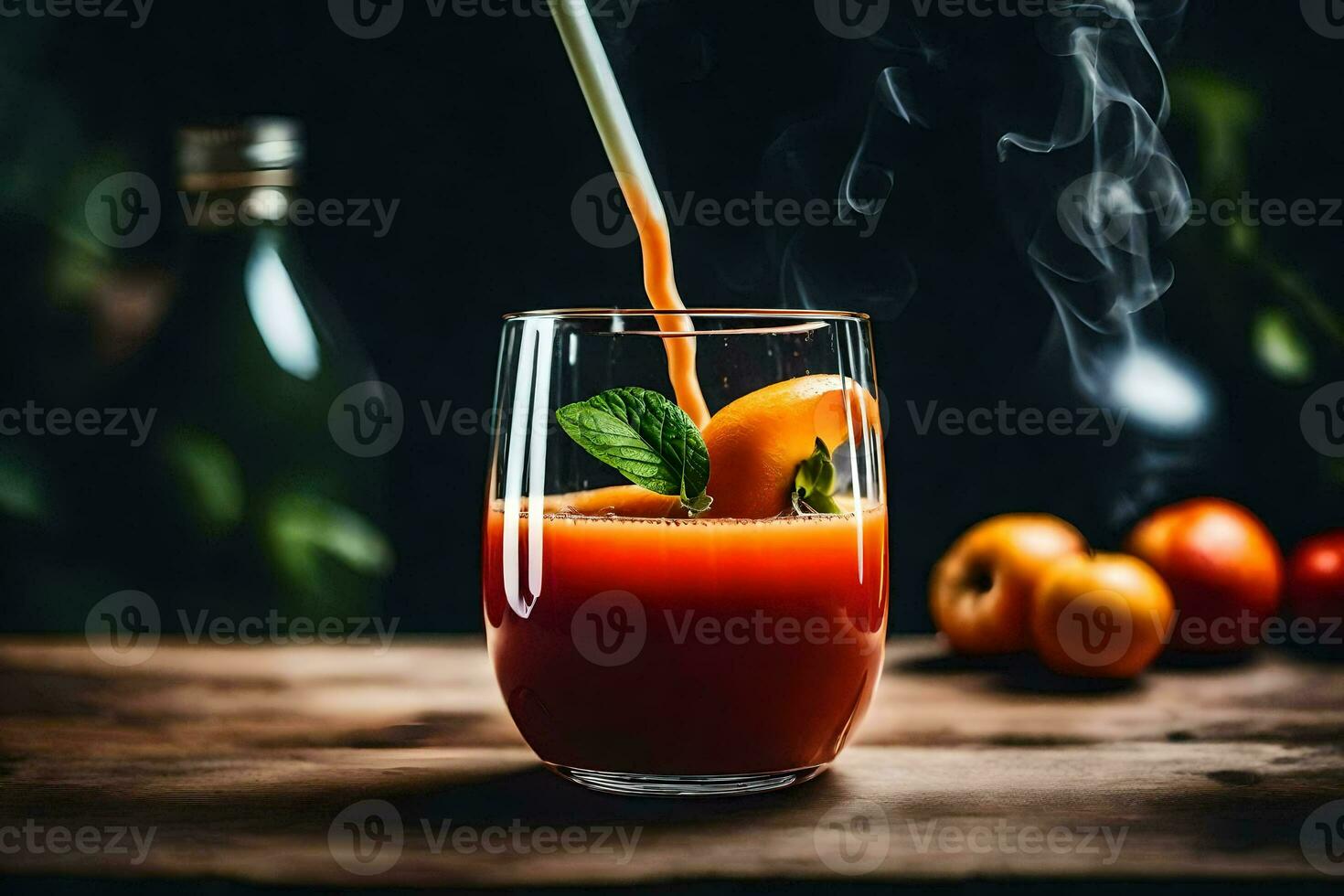 une verre de tomate jus avec fumée à venir en dehors de il. généré par ai photo