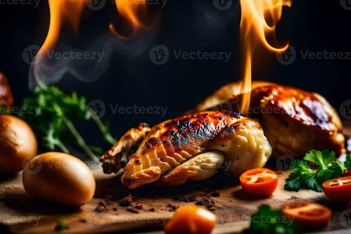 poulet sur une Coupe planche avec Feu et des légumes. généré par ai photo