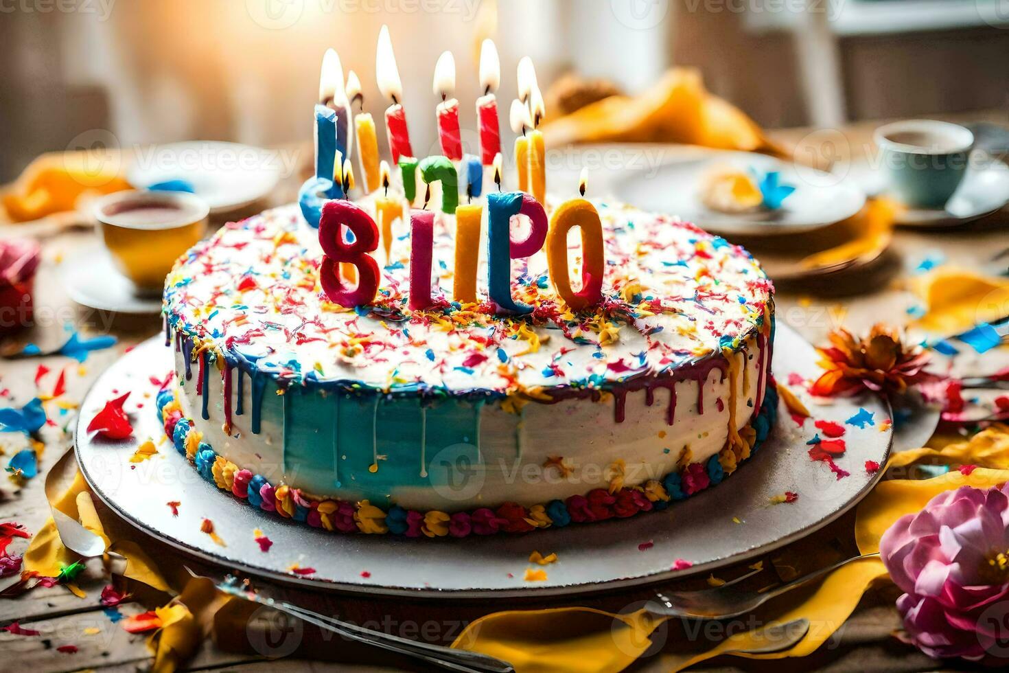 anniversaire gâteau avec bougies et coloré arrose. généré par ai photo