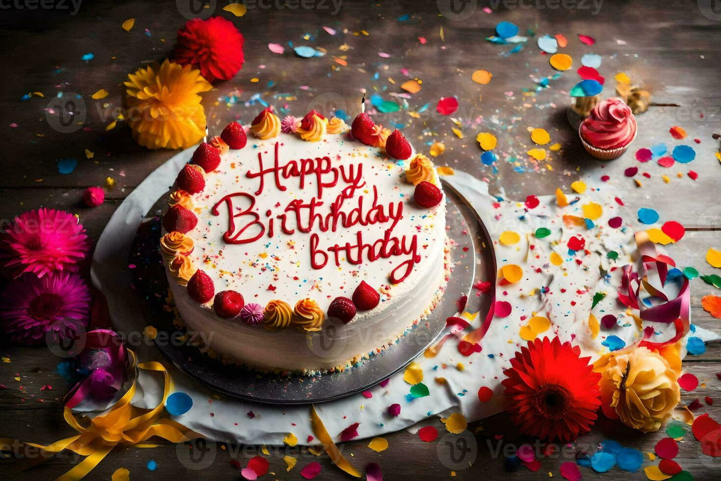 content anniversaire gâteau sur une en bois table avec confettis. généré par ai photo