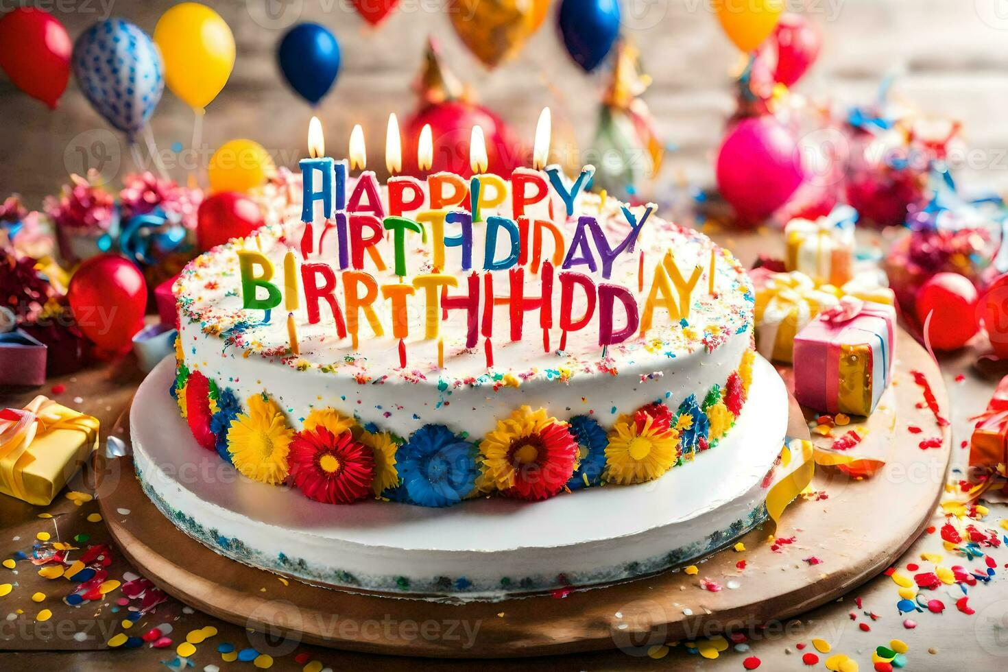 une anniversaire gâteau avec bougies et coloré confettis. généré par ai photo