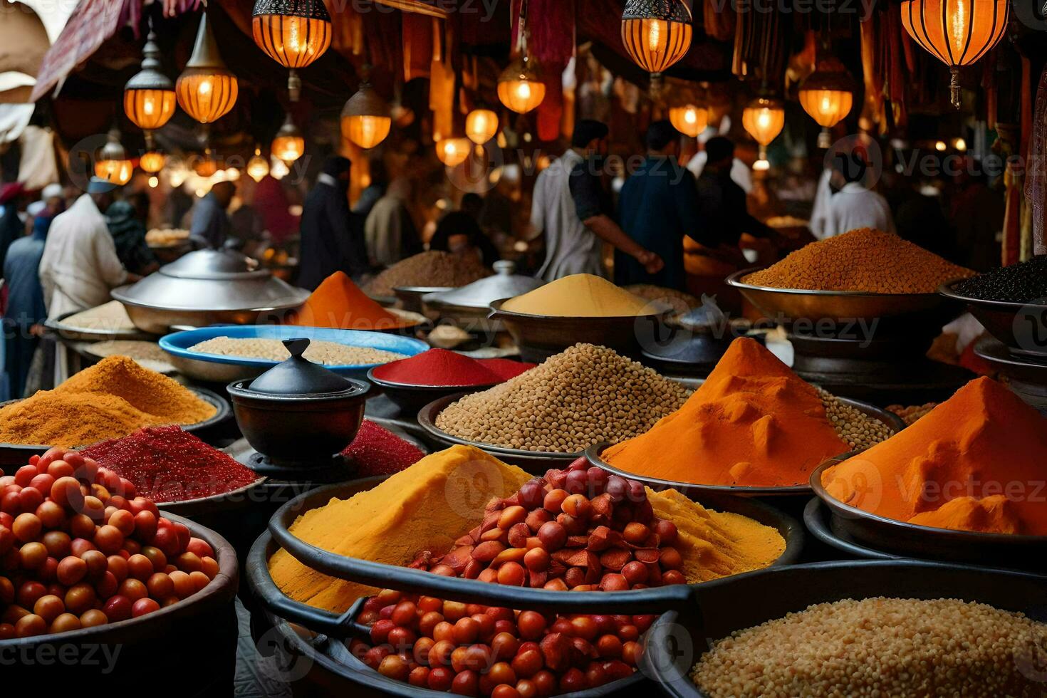 épices et épices dans le souk de Marrakech. généré par ai photo