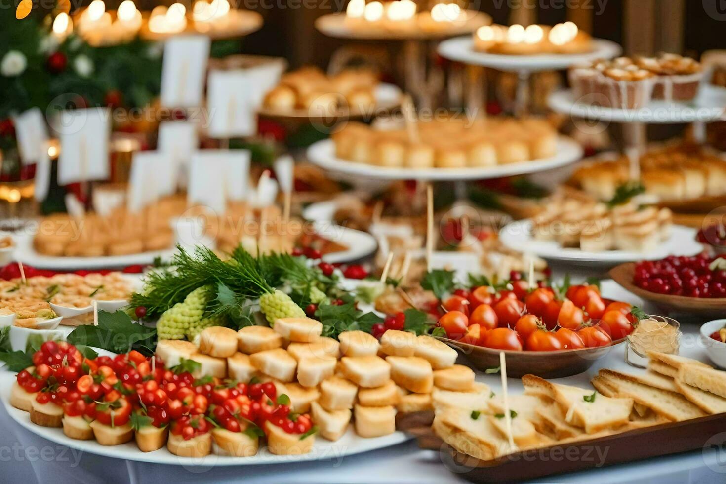 une buffet table avec beaucoup différent les types de aliments. généré par ai photo