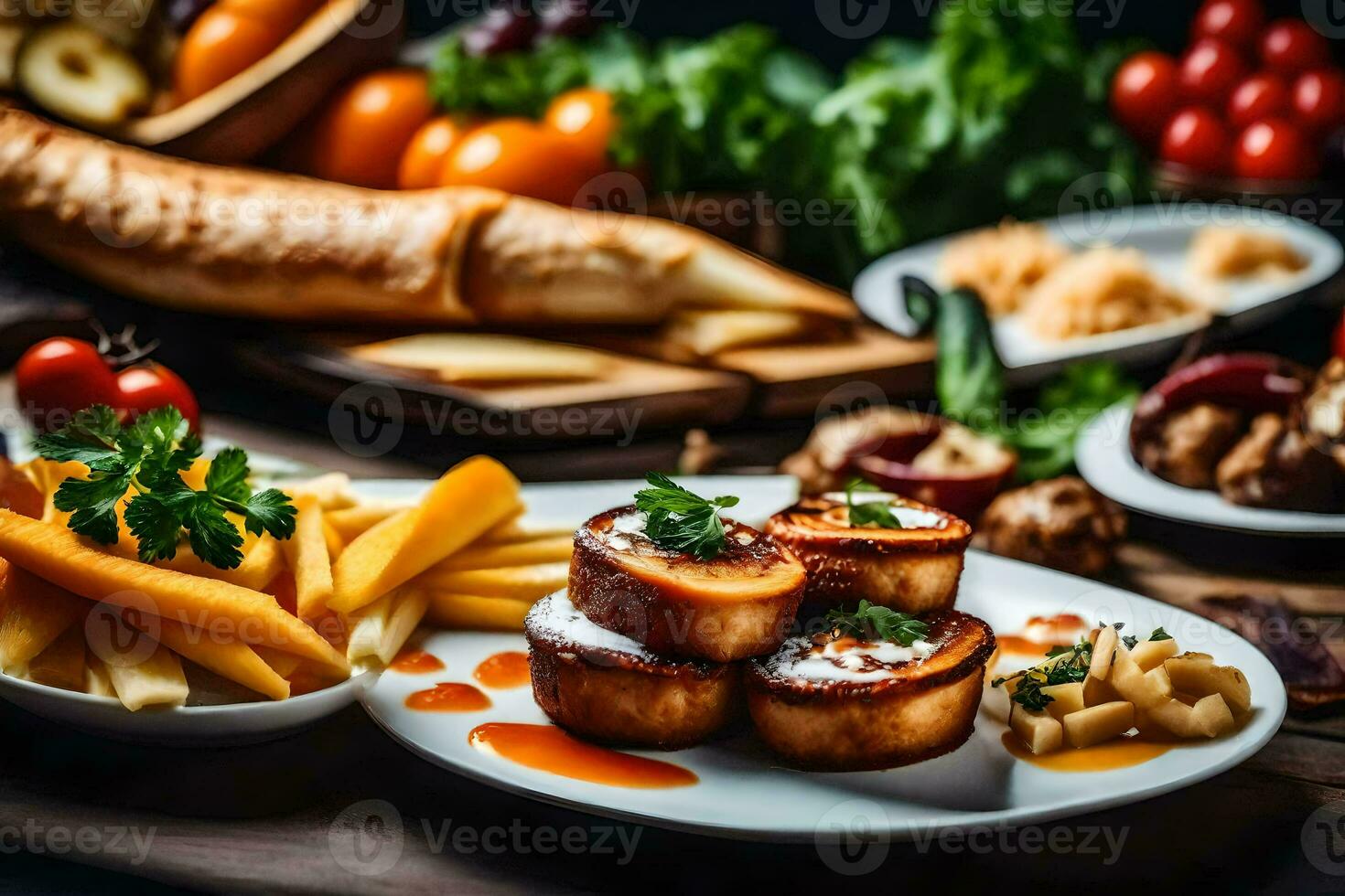 nourriture sur une table avec pain, fromage et des légumes. généré par ai photo