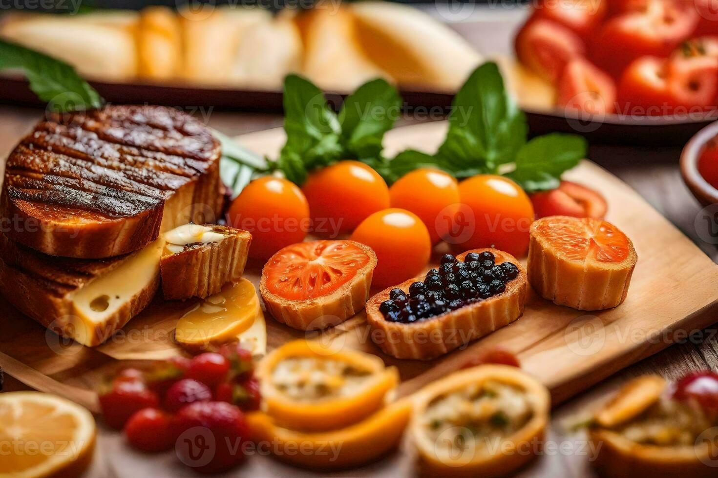 une en bois Coupe planche avec divers des fruits et des légumes. généré par ai photo