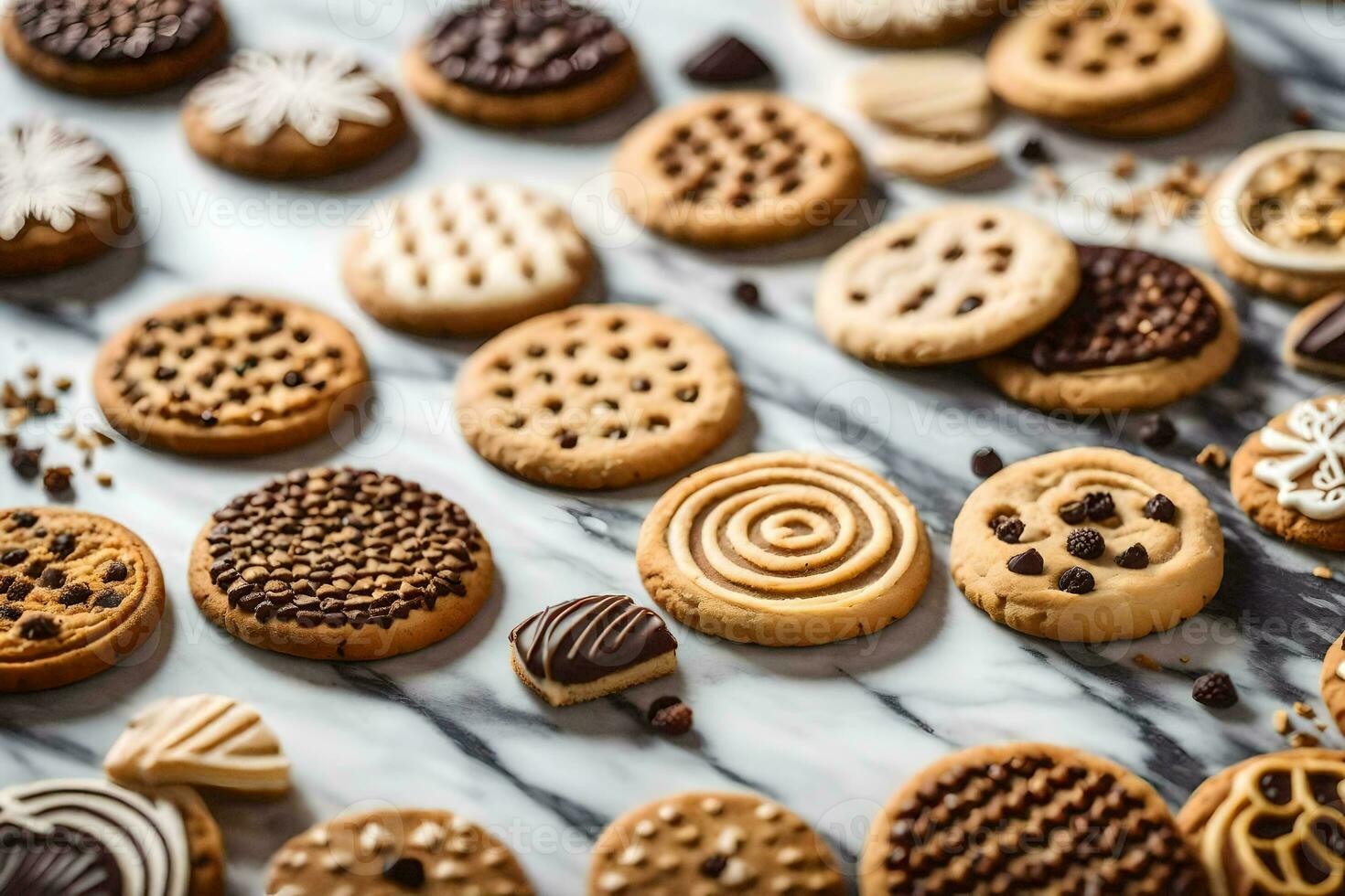 une variété de biscuits et des biscuits sur une marbre surface. généré par ai photo