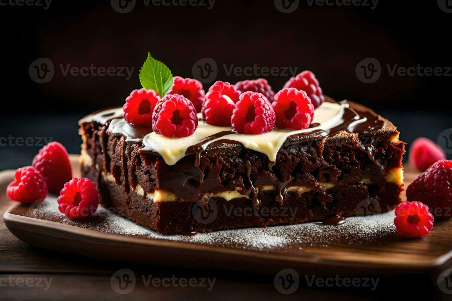 Chocolat lutin avec framboises sur une en bois plaque. généré par ai photo