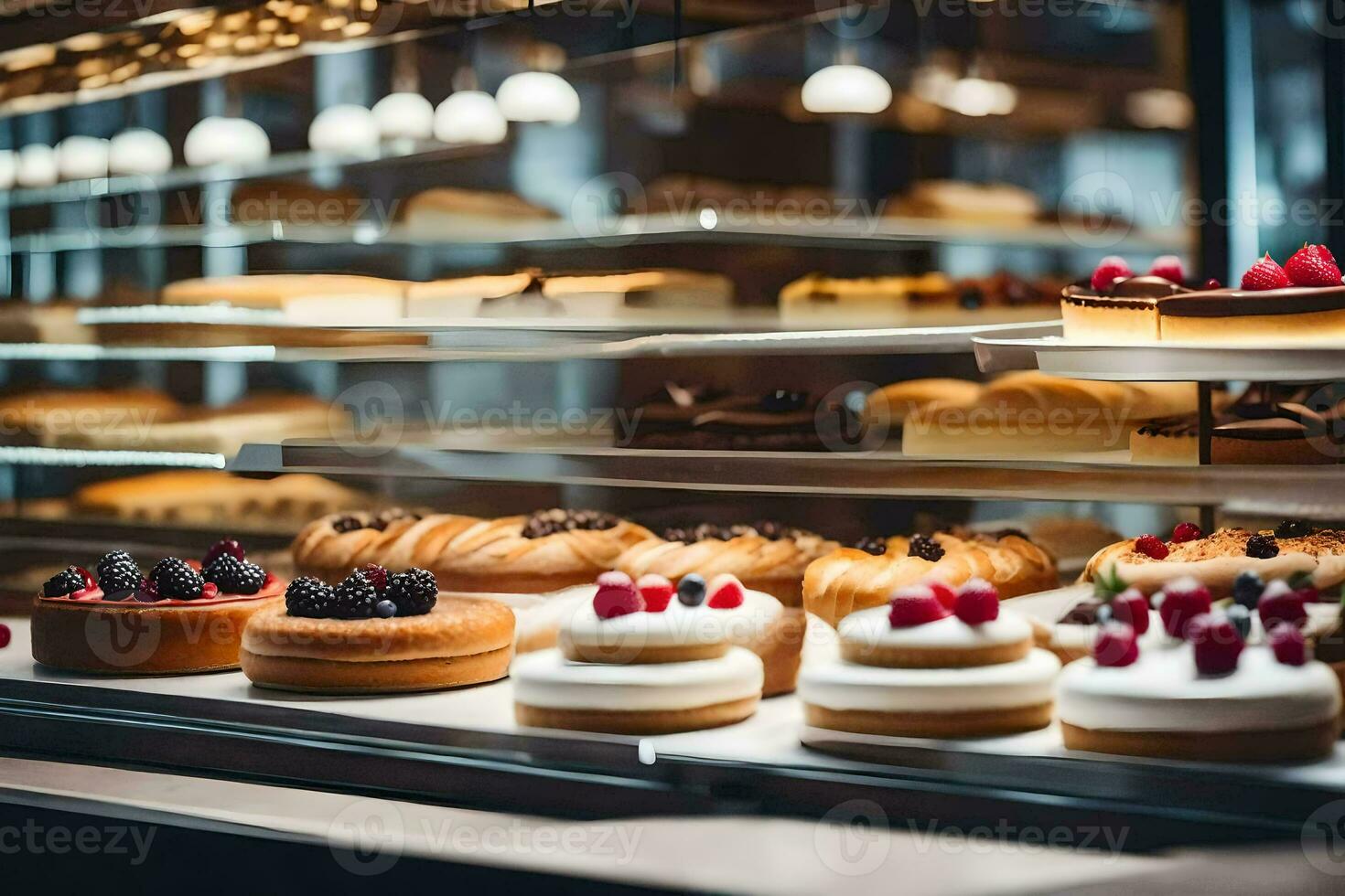 beaucoup différent les types de des pâtisseries sont sur afficher dans une boulangerie. généré par ai photo