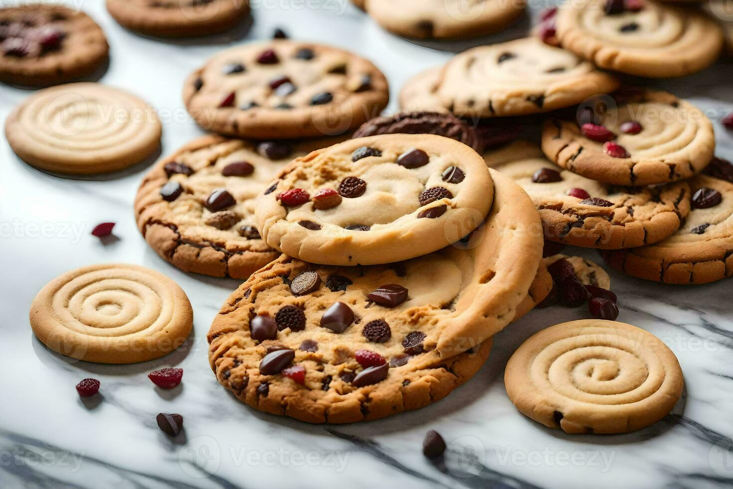 une pile de biscuits sur une marbre comptoir. généré par ai photo