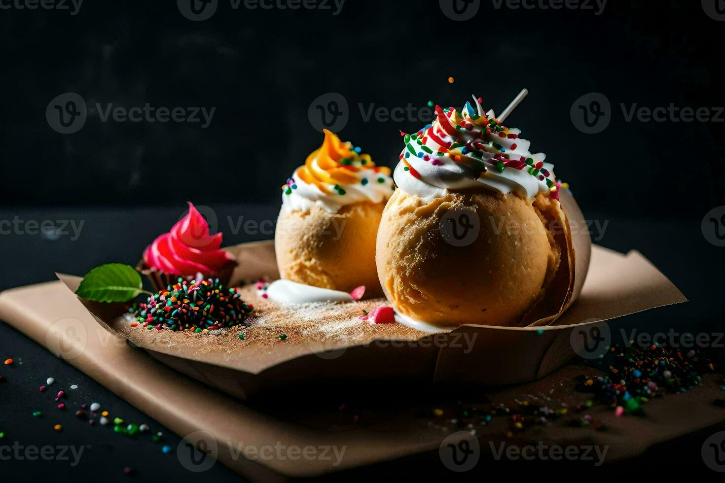 la glace crème cônes avec arrose sur une noir Contexte. généré par ai photo