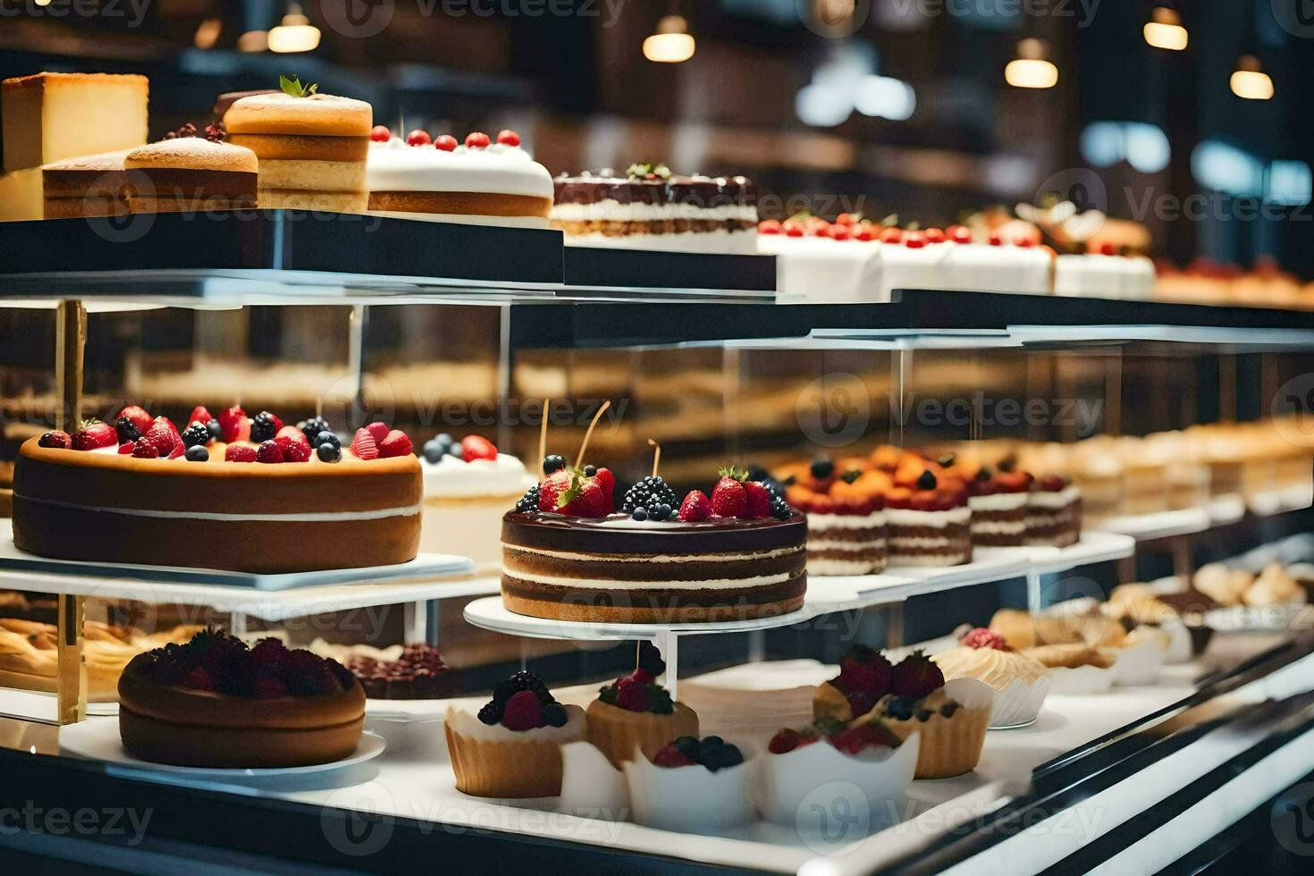 beaucoup différent les types de Gâteaux sont sur afficher dans une boulangerie. généré par ai photo