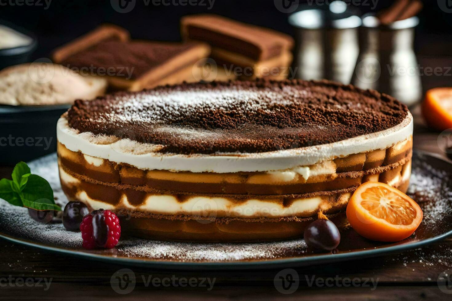 une en couches gâteau avec Chocolat et crème sur une plaque. généré par ai photo