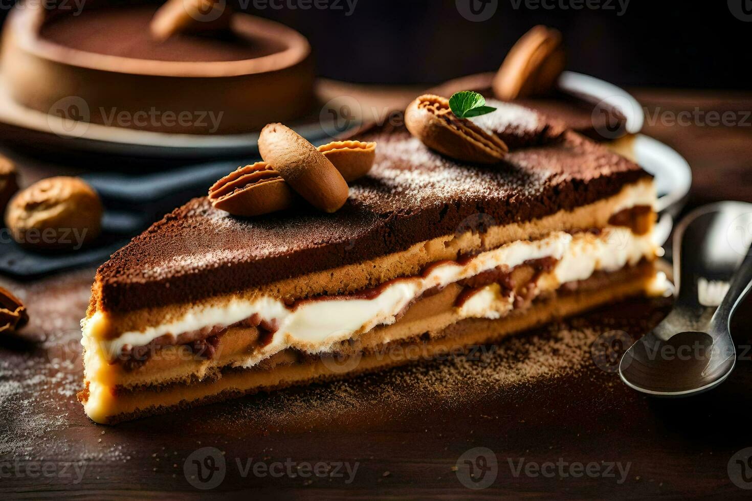 une pièce de Chocolat gâteau avec des noisettes et crème. généré par ai photo