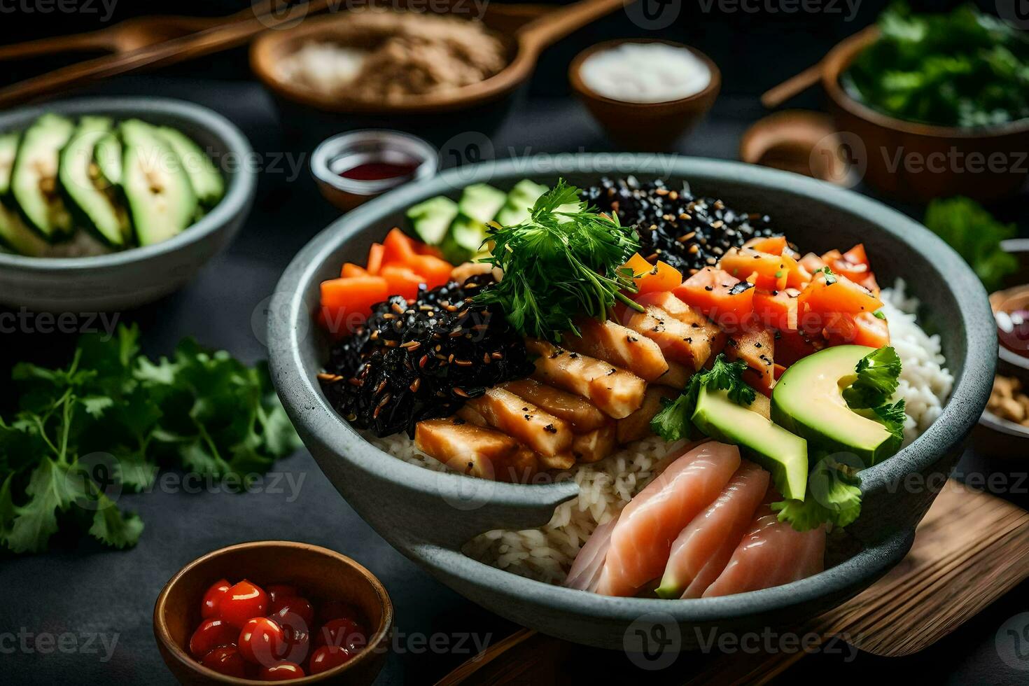 une bol de Sushi avec riz, des légumes et autre ingrédients. généré par ai photo